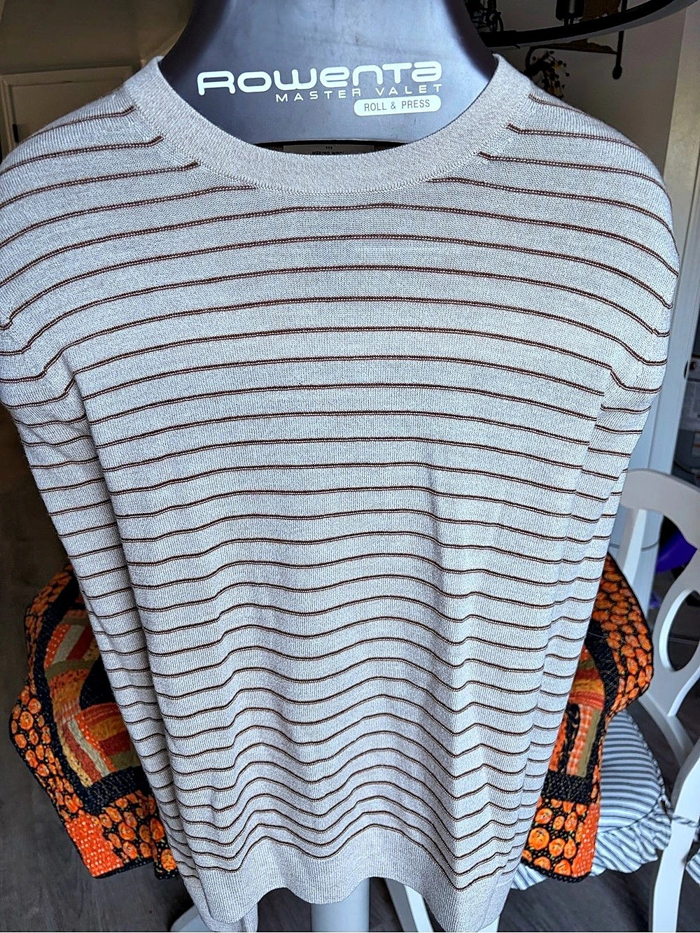 Banana Republic Merino Wool Striped Crewneck in Gray & Brown, Size Medium